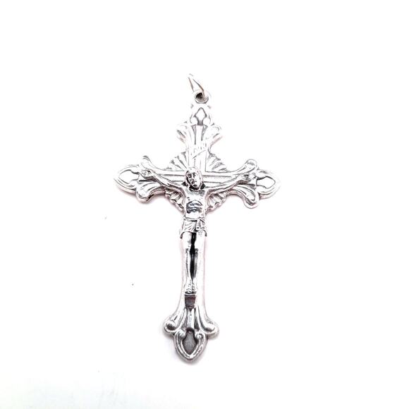 Flared Sunburst Crucifix Silver Tone Made in Italy Rosary Cross Catholic Medal - Picture 7 of 7